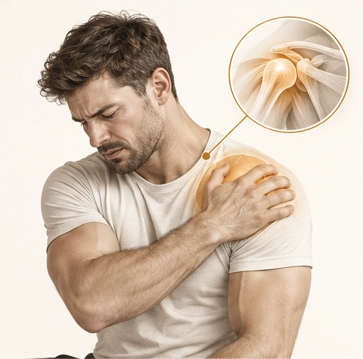 Hombre con dolor de hombro y detalle anatómico de la articulación.