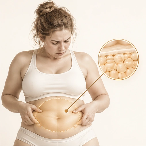 Mujer observando su abdomen y detalle del tejido adiposo.